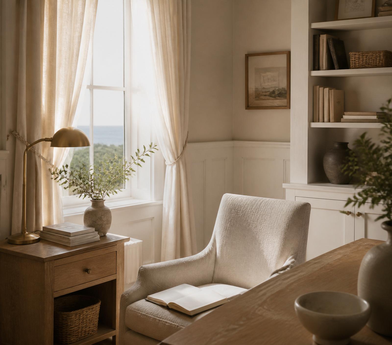 A calm coastal farmhouse home office with soft window light and a warm oak side table