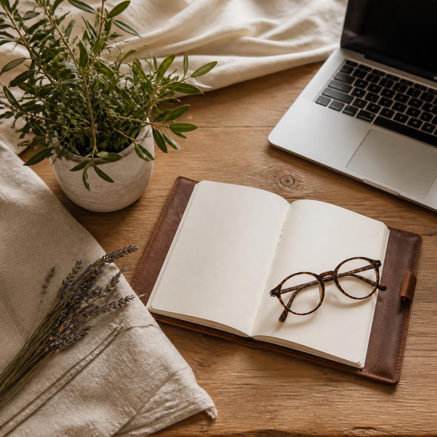 An open notebook with tortoiseshell glasses on a warm oak table