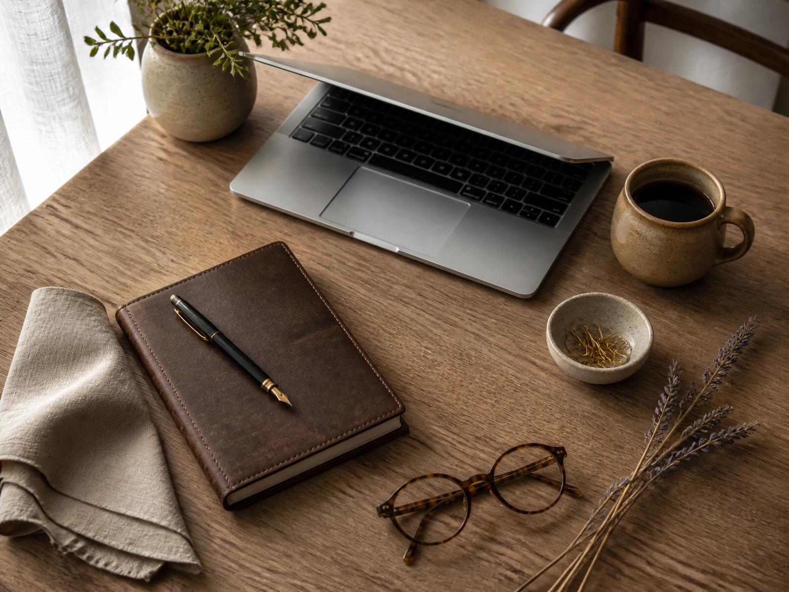 A warm oak desk with an open laptop, leather journal, and ceramic coffee mug