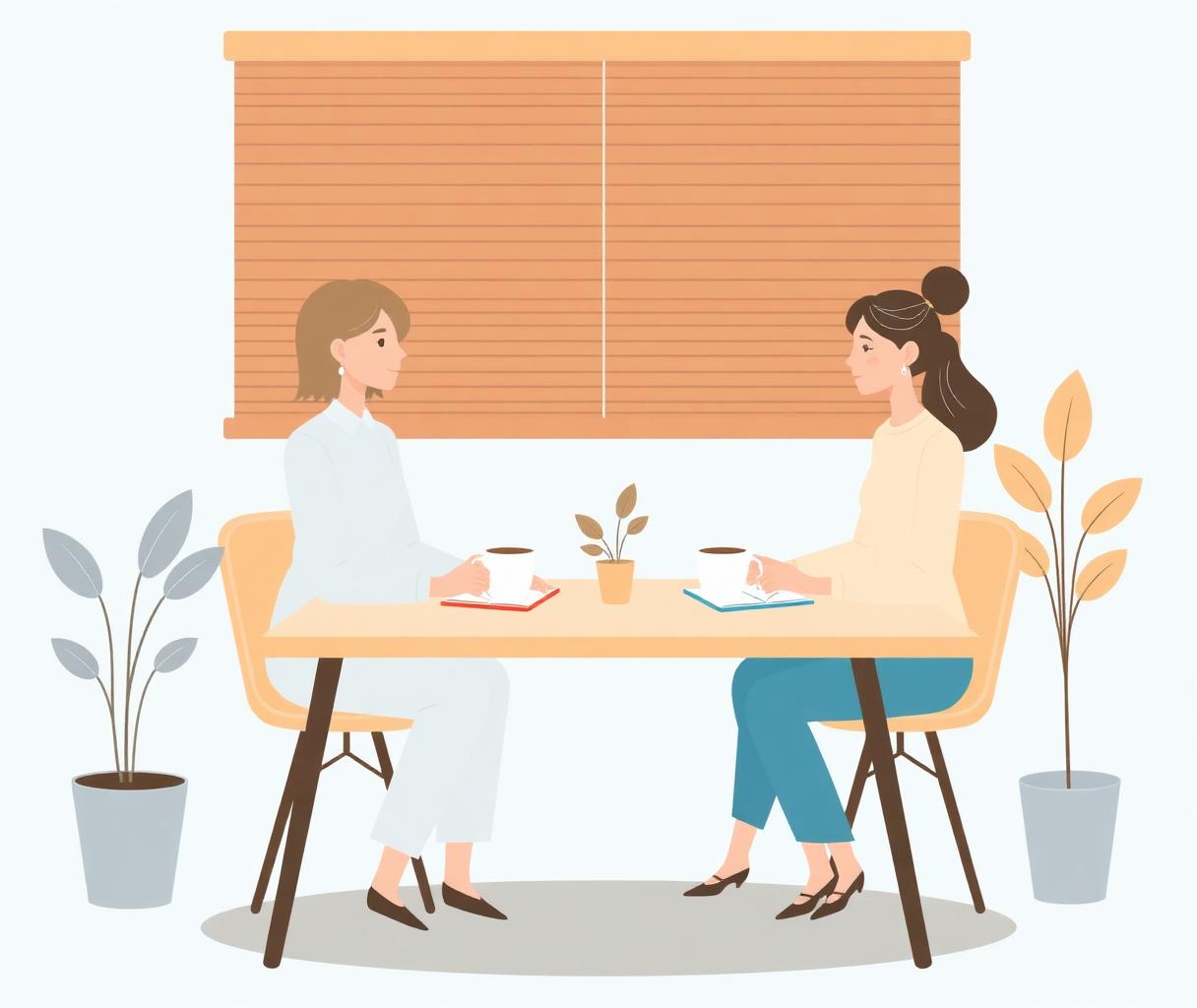 Two people meeting warmly across a small desk with coffee